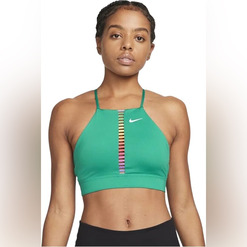 NWOT Nike Women's Indy Rainbow Ladder LS Padded High-Neck Sports Bra Small Green
